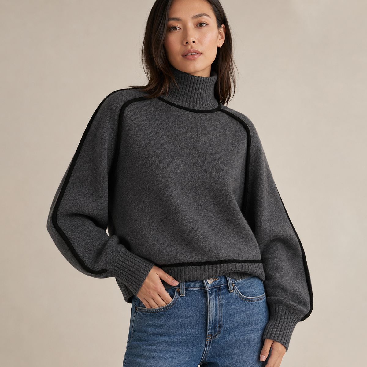 Solenne | Red Polo Neck Jumper with Contrast Stripe Detail