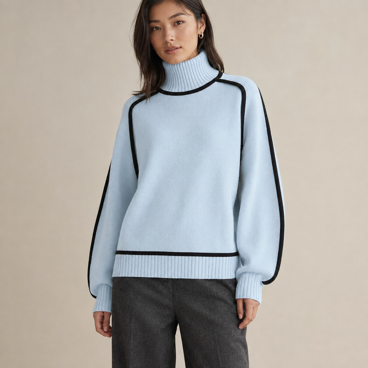 Solenne | Red Polo Neck Jumper with Contrast Stripe Detail