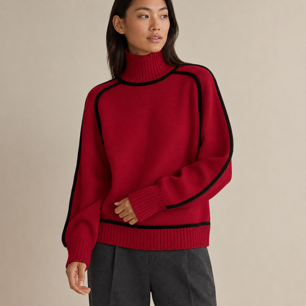 Solenne | Red Polo Neck Jumper with Contrast Stripe Detail