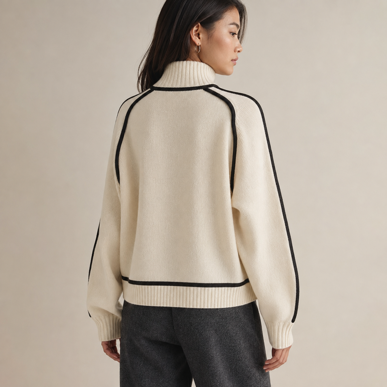 Solenne | Red Polo Neck Jumper with Contrast Stripe Detail