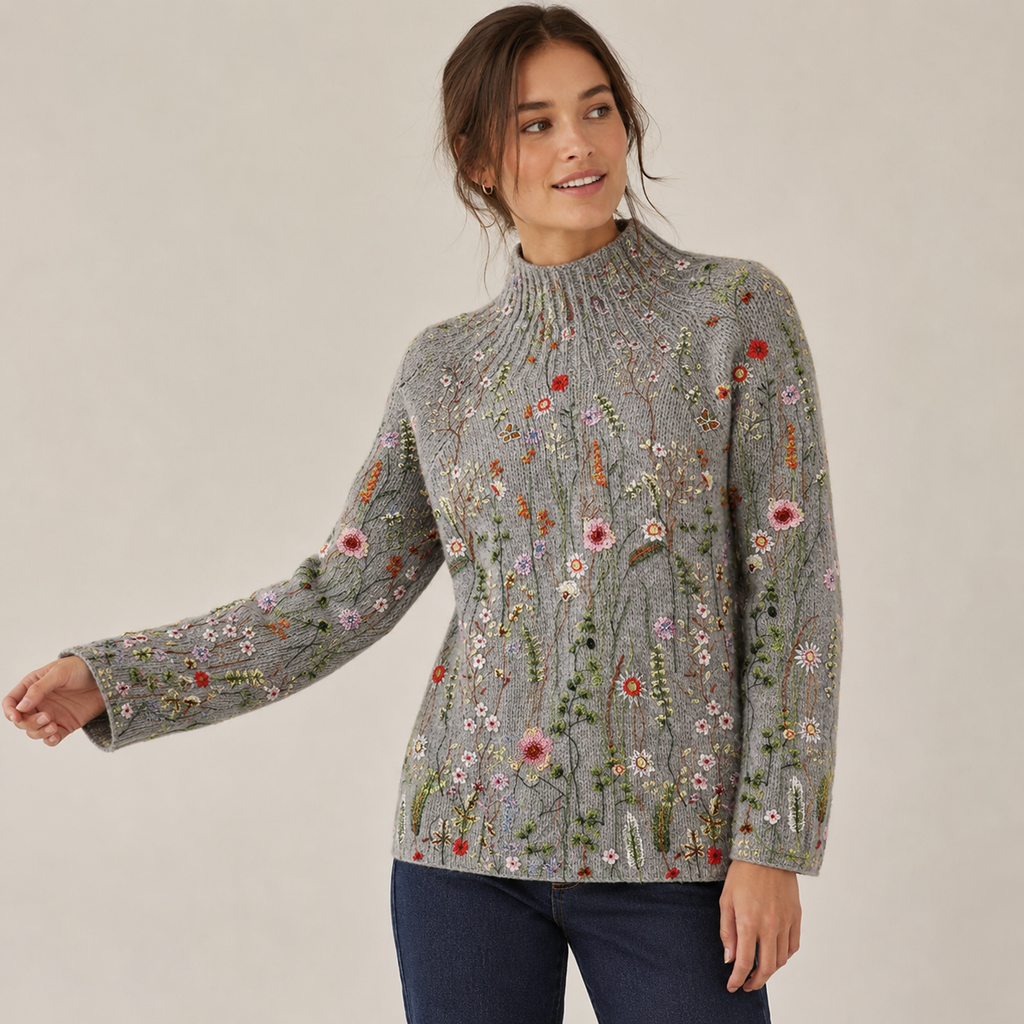 Florienne | Floral Embroidered Turtleneck Sweater with Relaxed Knit Fit