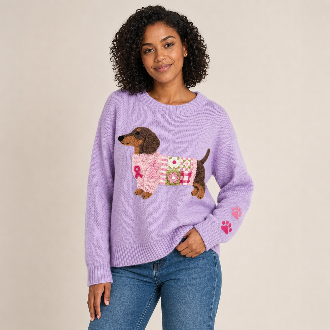Tabitha | Embroidered Dachshund Patchwork Crew Neck Sweater