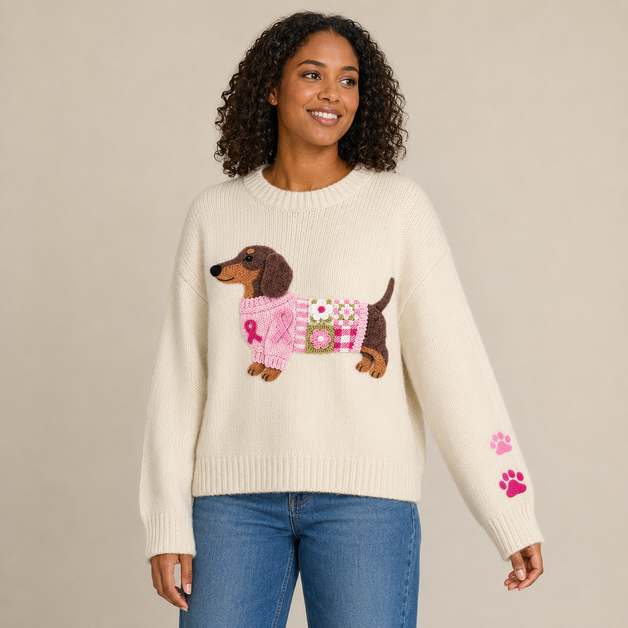 Tabitha | Embroidered Dachshund Patchwork Crew Neck Sweater