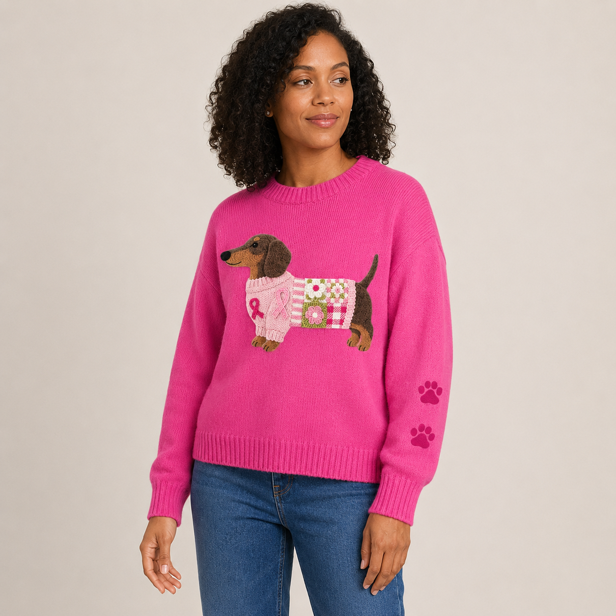 Tabitha | Embroidered Dachshund Patchwork Crew Neck Sweater