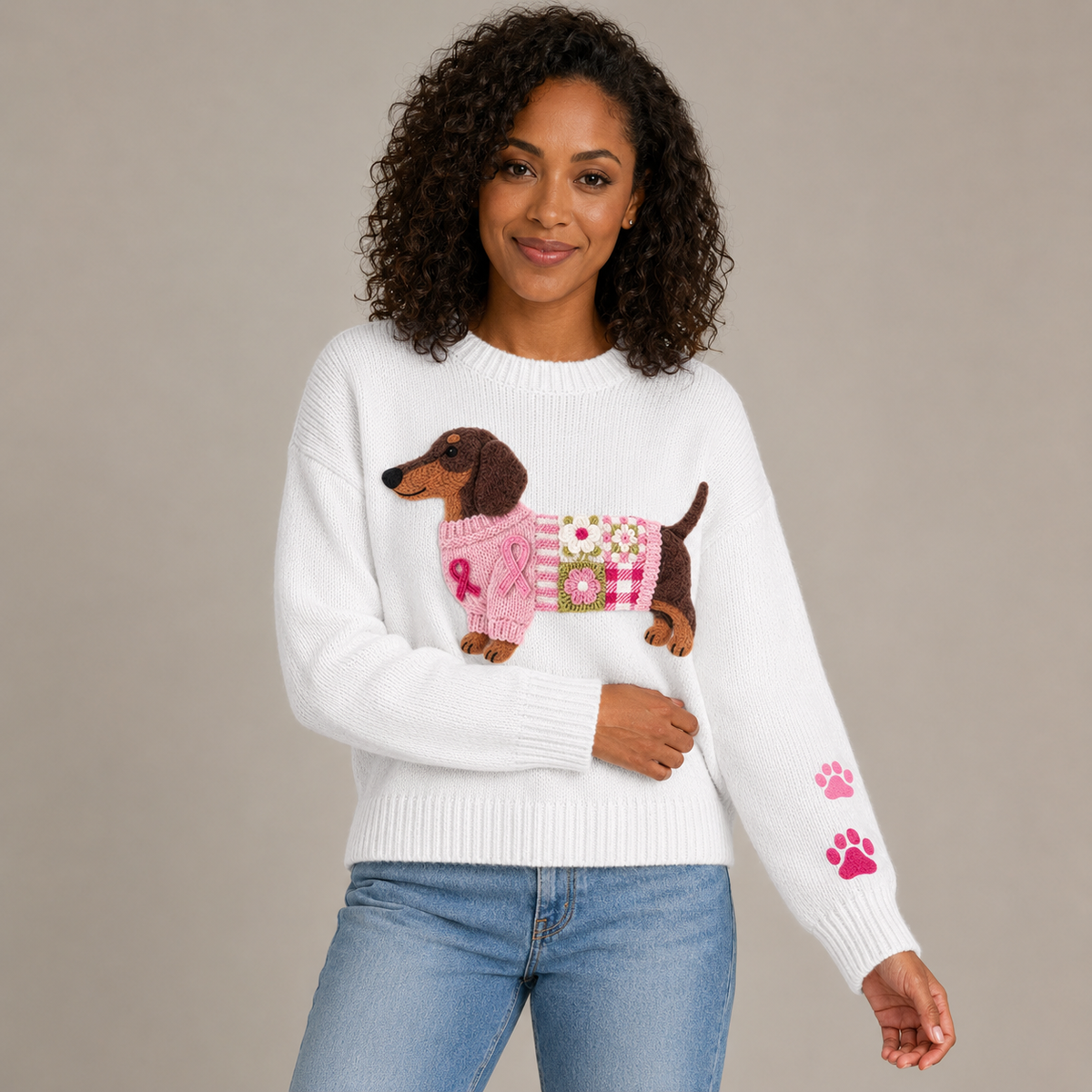 Tabitha | Embroidered Dachshund Patchwork Crew Neck Sweater