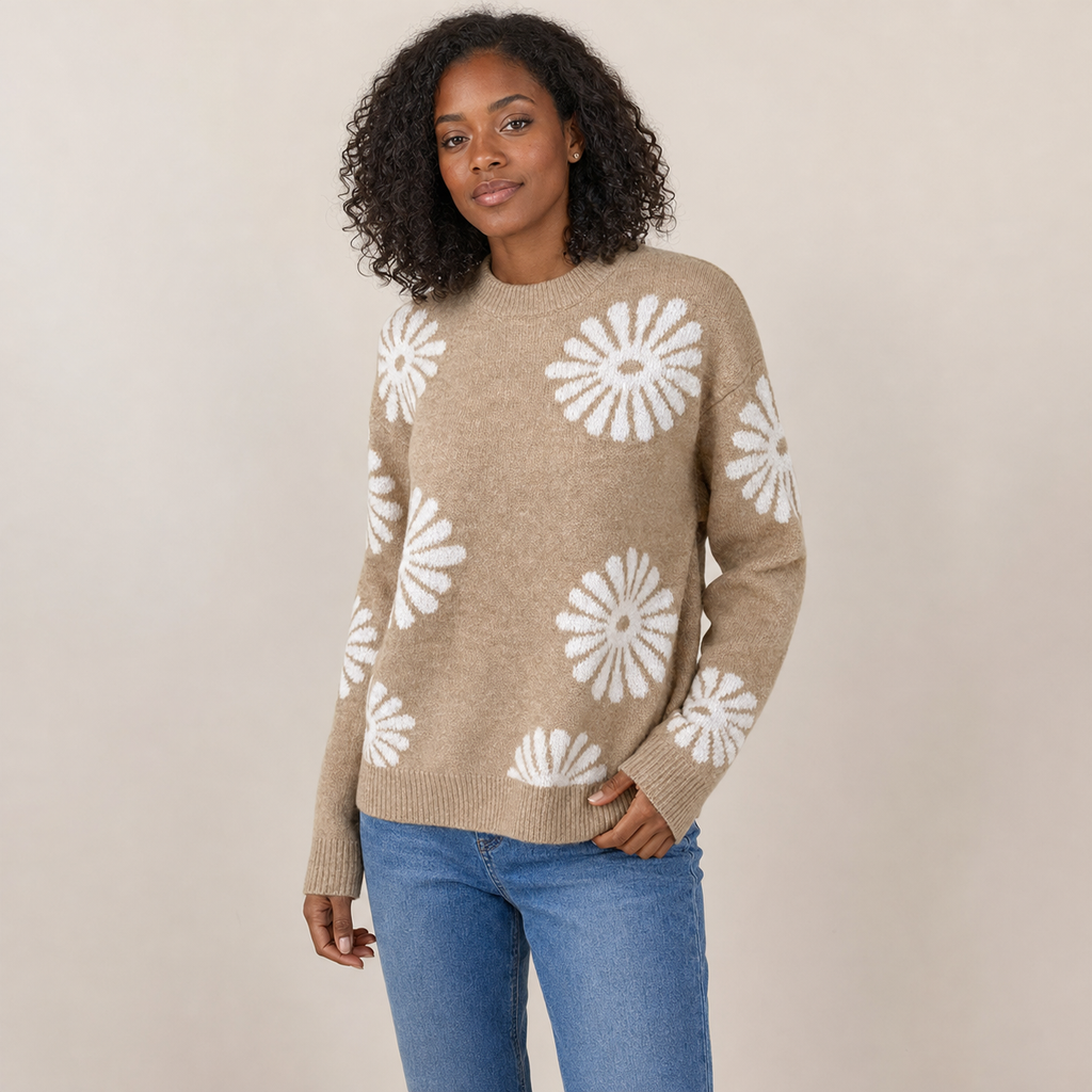 Maribel | Floral Intarsia Crew Neck Sweater with Relaxed Fit
