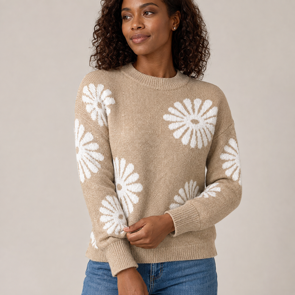 Maribel | Floral Intarsia Crew Neck Sweater with Relaxed Fit