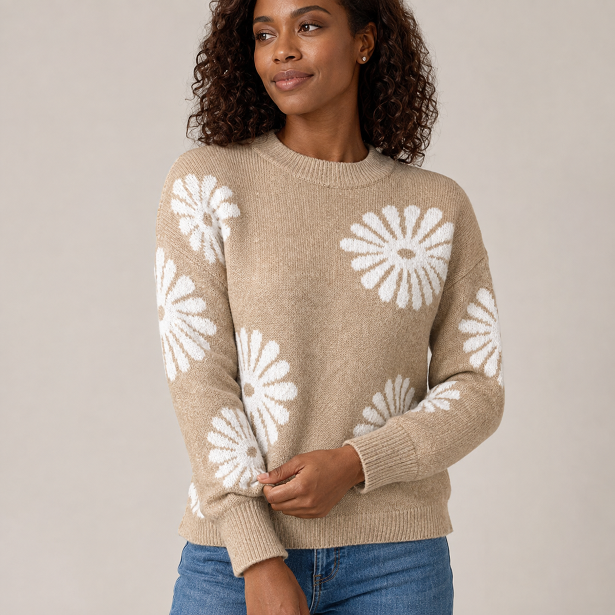 Maribel | Floral Intarsia Crew Neck Sweater with Relaxed Fit