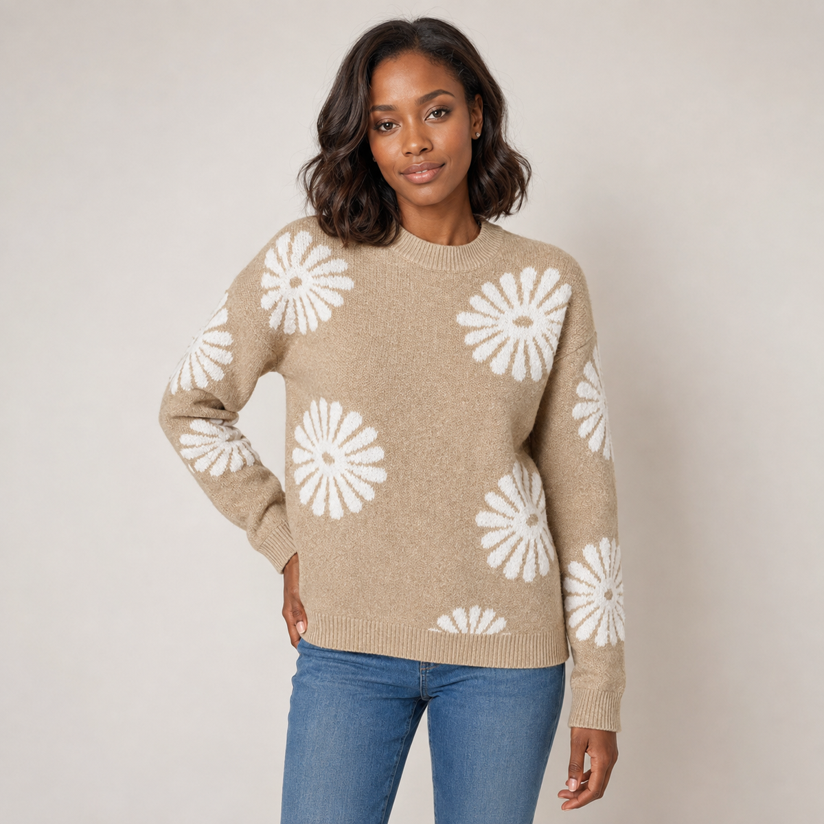 Maribel | Floral Intarsia Crew Neck Sweater with Relaxed Fit