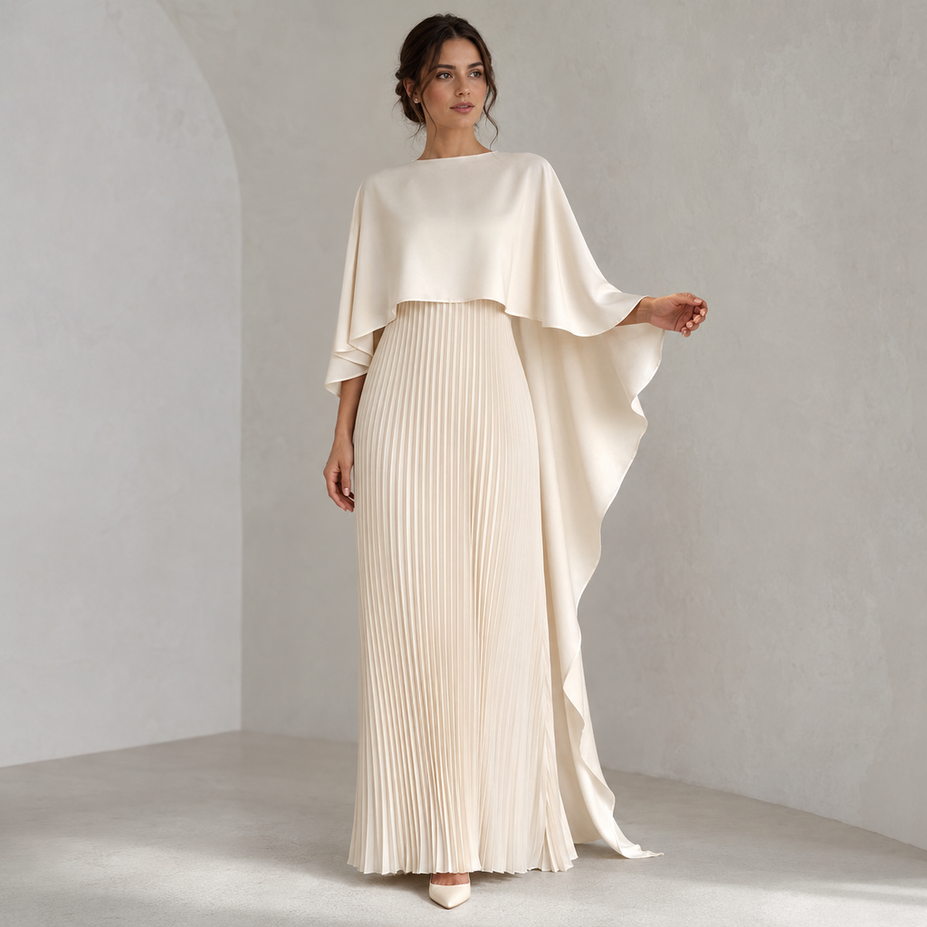 Evangeline | Satin Cape Maxi Dress with Pleated Skirt