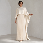 Evangeline | Satin Cape Maxi Dress with Pleated Skirt