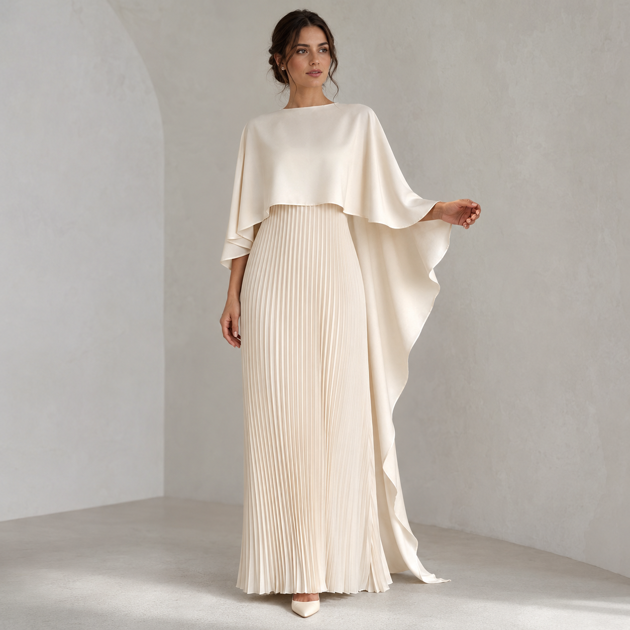 Evangeline | Satin Cape Maxi Dress with Pleated Skirt