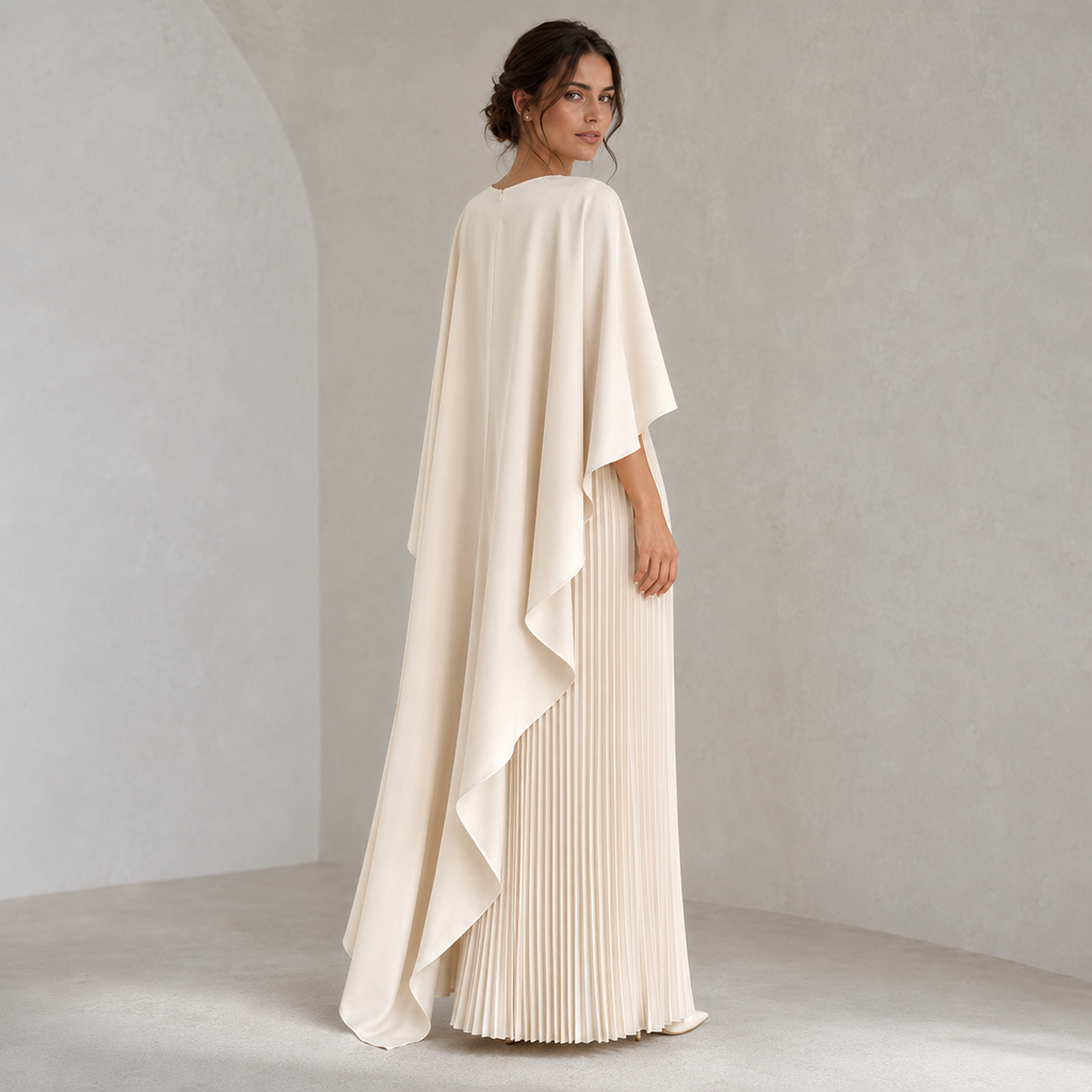 Evangeline | Satin Cape Maxi Dress with Pleated Skirt