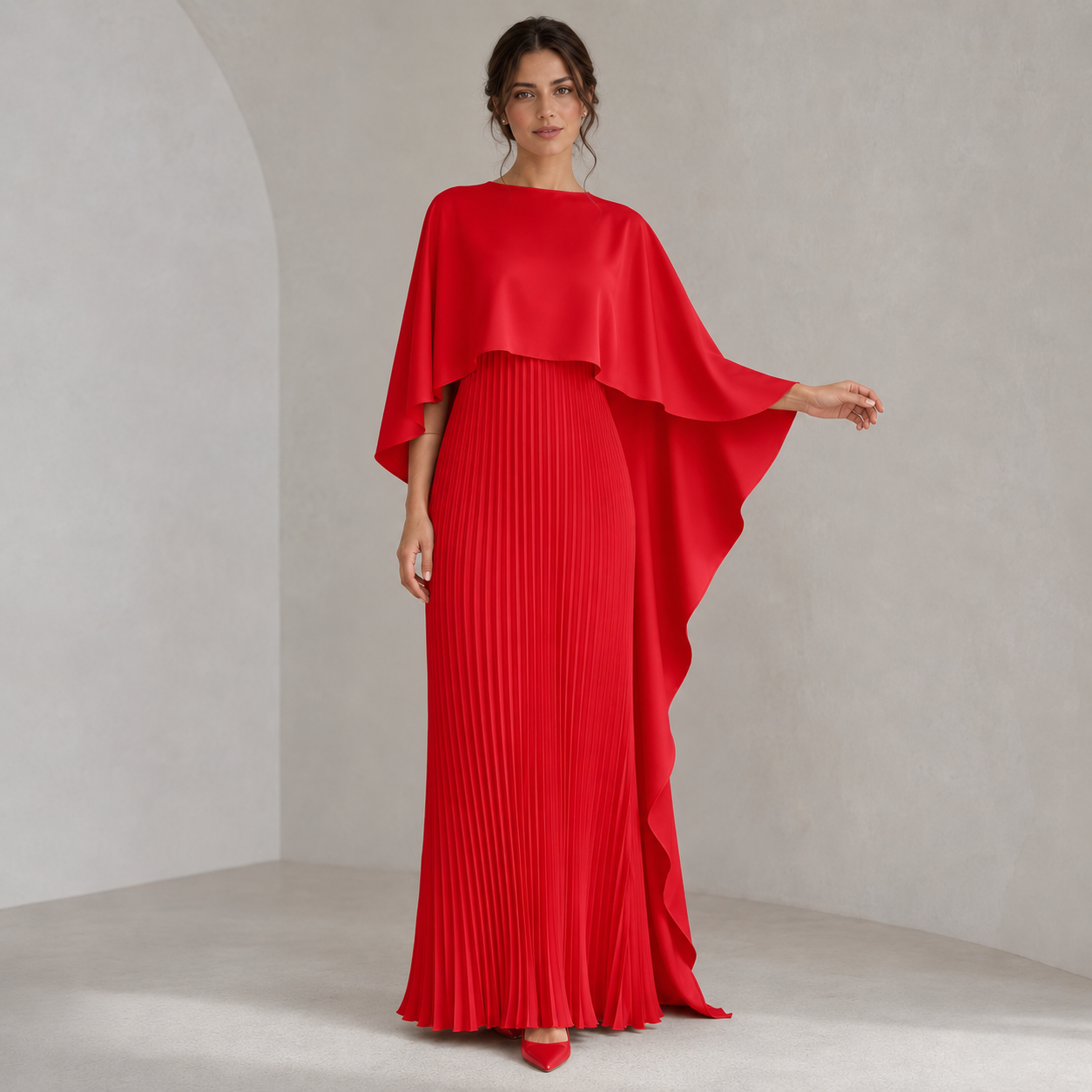 Evangeline | Satin Cape Maxi Dress with Pleated Skirt