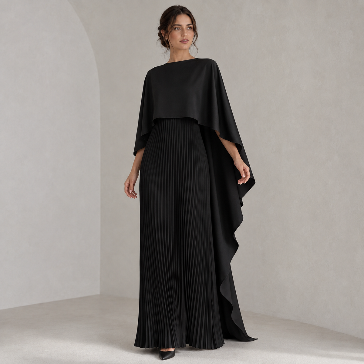 Evangeline | Satin Cape Maxi Dress with Pleated Skirt