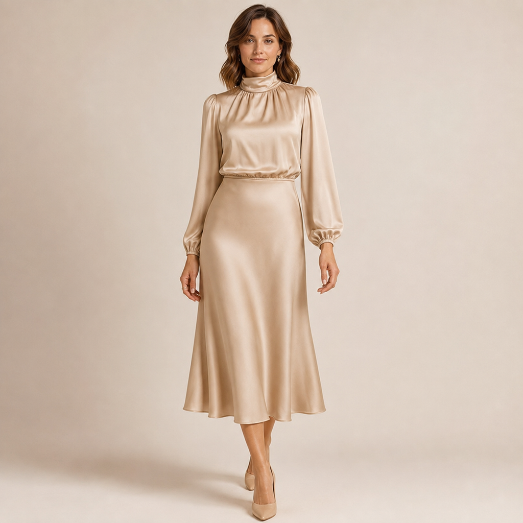 Isabelle | Satin Mock-Neck Midi Dress with High-Waist Silhouette