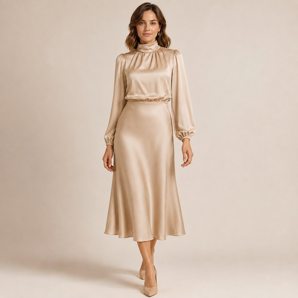 Isabelle | Satin Mock-Neck Midi Dress with High-Waist Silhouette