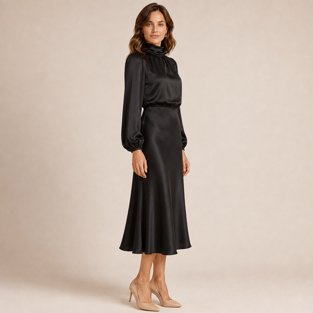 Isabelle | Satin Mock-Neck Midi Dress with High-Waist Silhouette