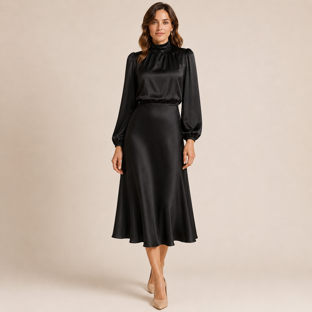 Isabelle | Satin Mock-Neck Midi Dress with High-Waist Silhouette