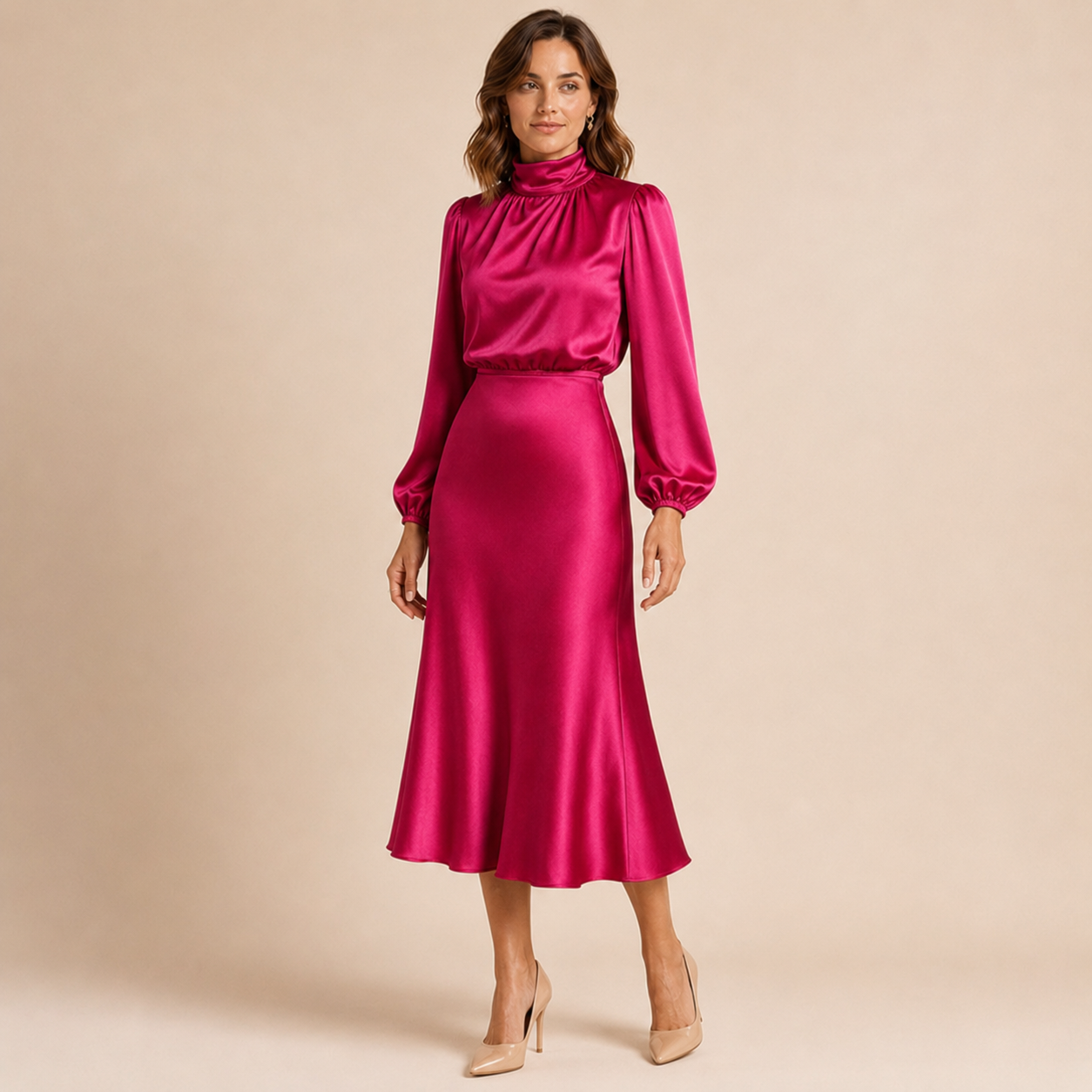 Isabelle | Satin Mock-Neck Midi Dress with High-Waist Silhouette
