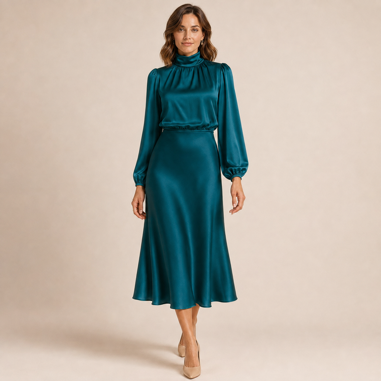 Isabelle | Satin Mock-Neck Midi Dress with High-Waist Silhouette