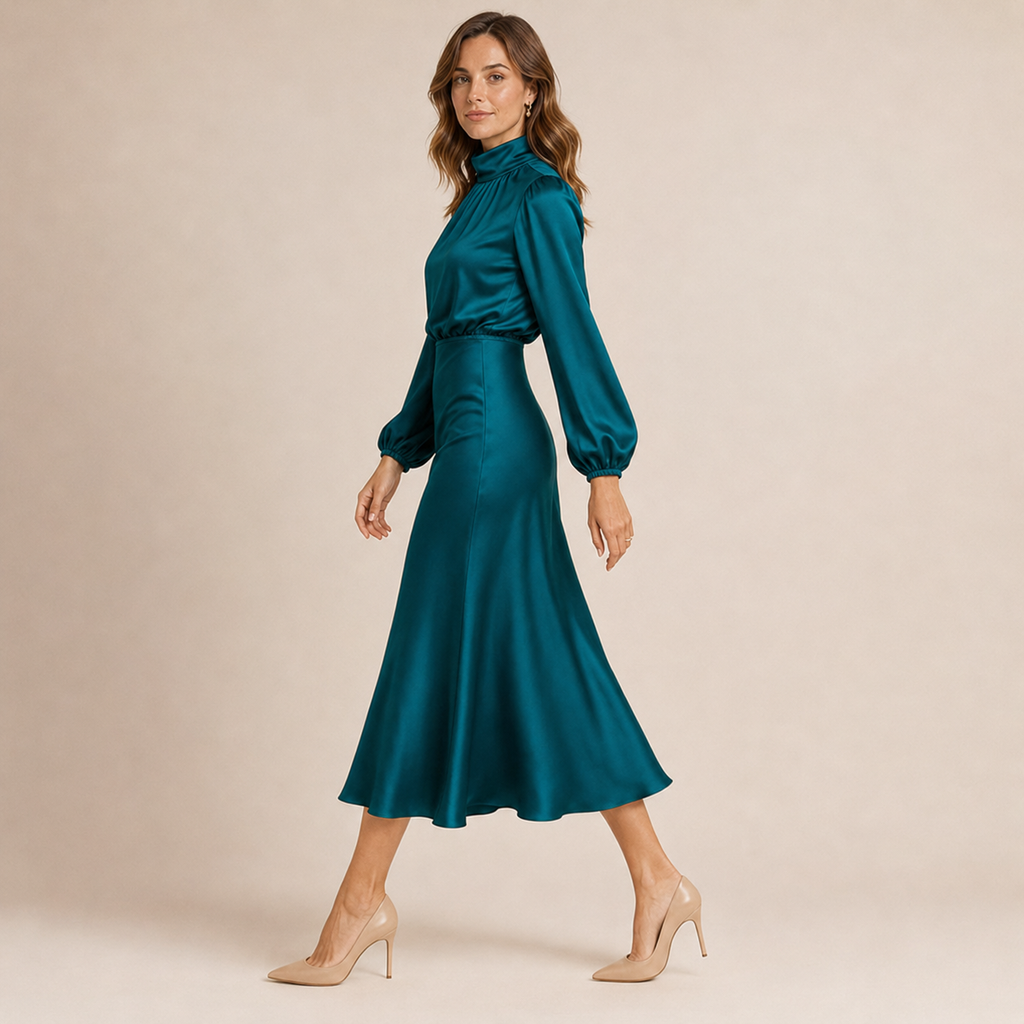 Isabelle | Satin Mock-Neck Midi Dress with High-Waist Silhouette