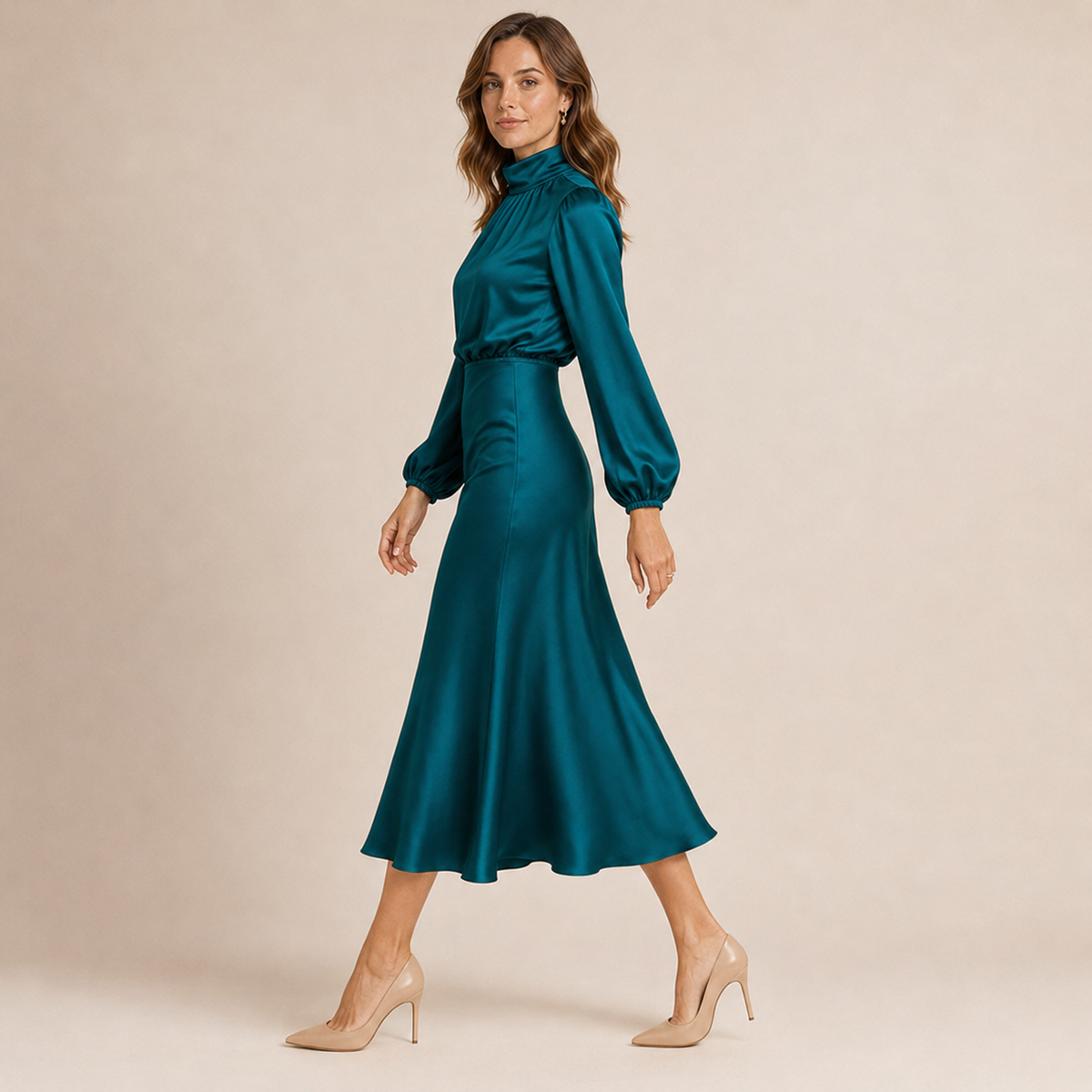 Isabelle | Satin Mock-Neck Midi Dress with High-Waist Silhouette