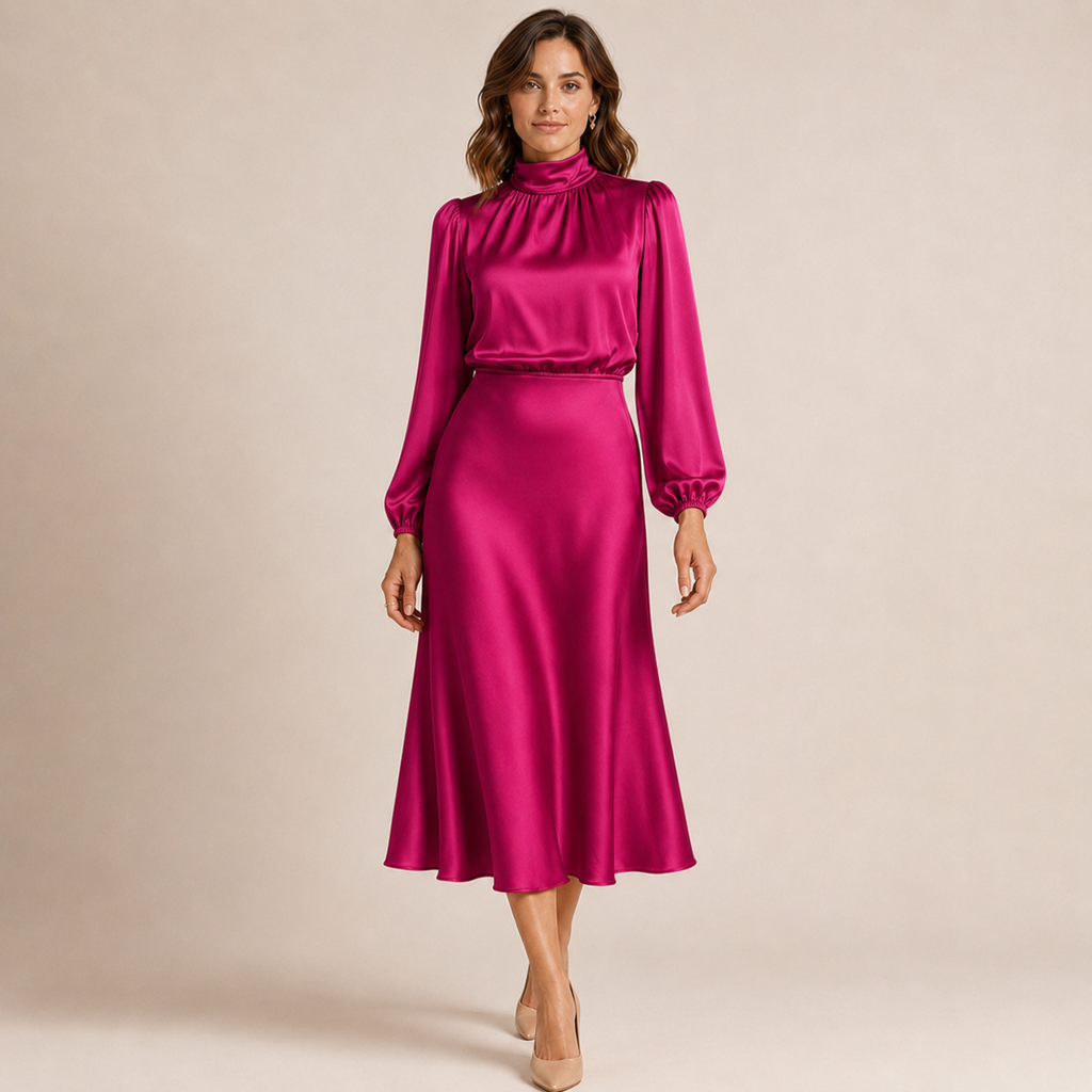 Isabelle | Satin Mock-Neck Midi Dress with High-Waist Silhouette