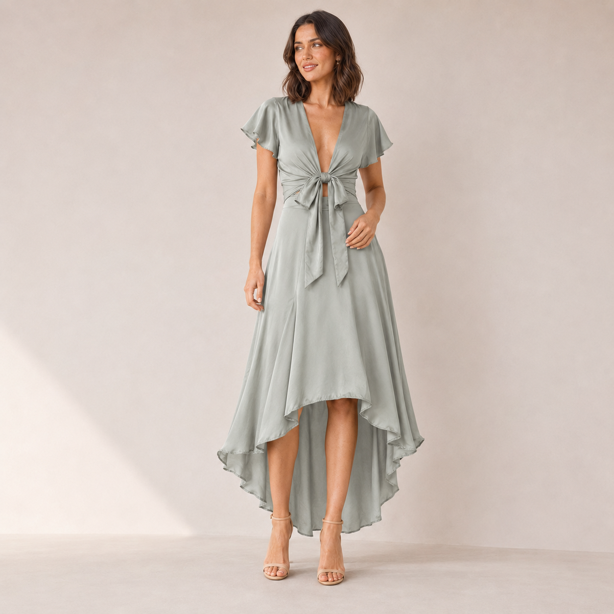Elowen | Satin V-Neck Midi Dress with Flutter Sleeves