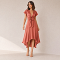 Elowen | Satin V-Neck Midi Dress with Flutter Sleeves