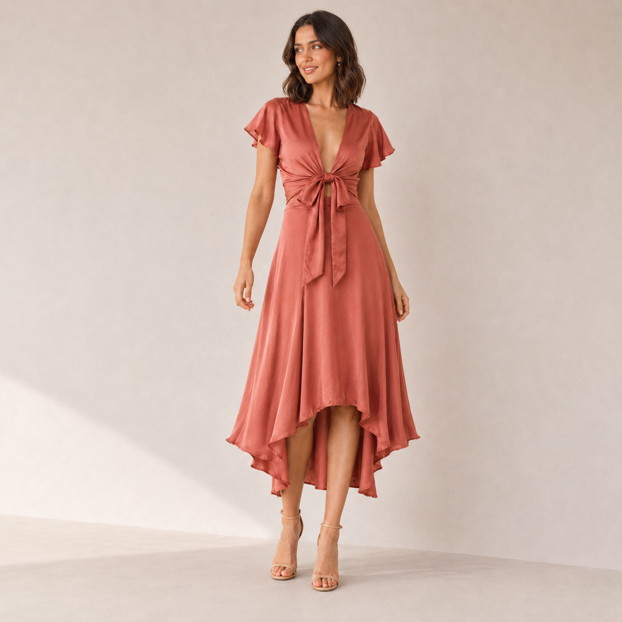 Elowen | Satin V-Neck Midi Dress with Flutter Sleeves