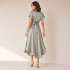 Elowen | Satin V-Neck Midi Dress with Flutter Sleeves