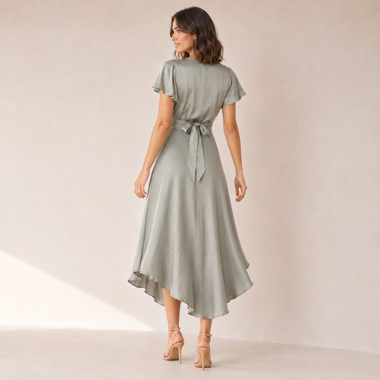 Elowen | Satin V-Neck Midi Dress with Flutter Sleeves