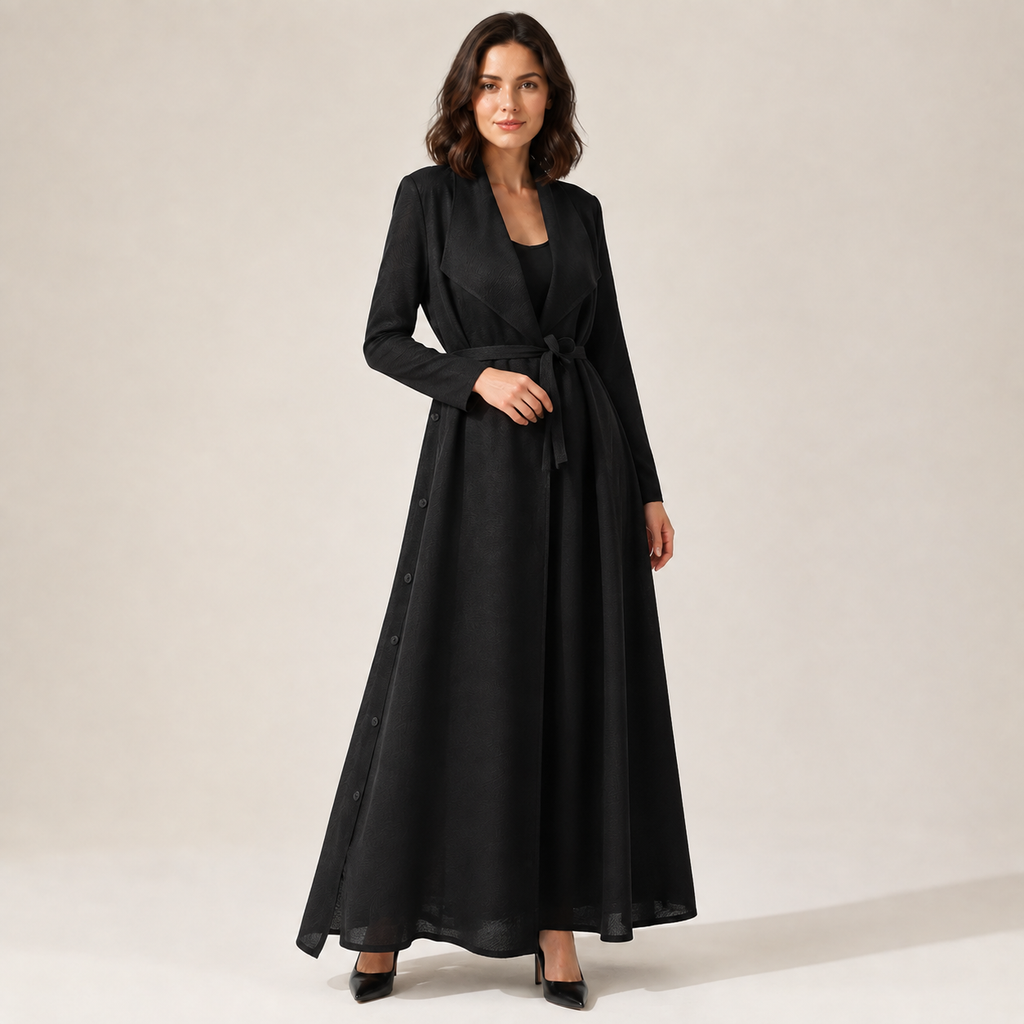 Celestine | Timeless Long Black Wool Coat for Women with Belted A-Line Fit