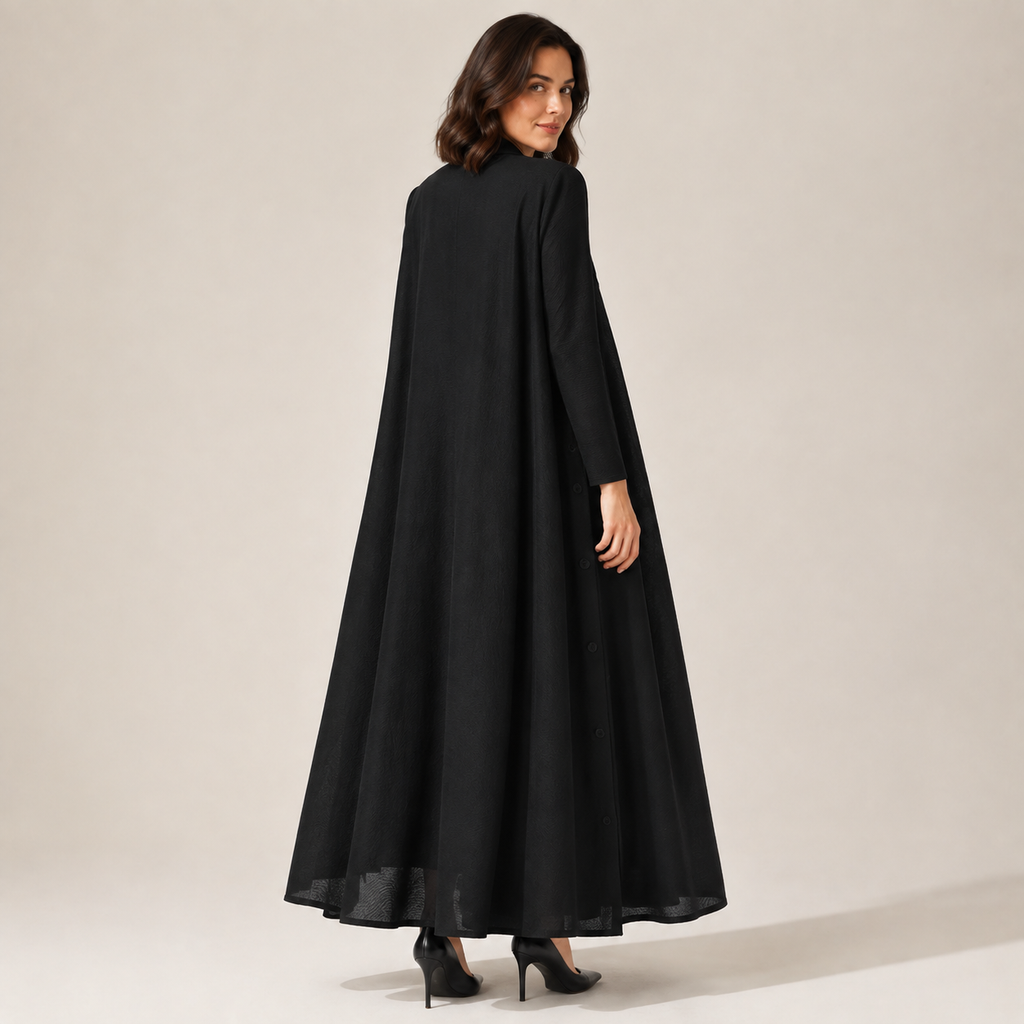 Celestine | Timeless Long Black Wool Coat for Women with Belted A-Line Fit