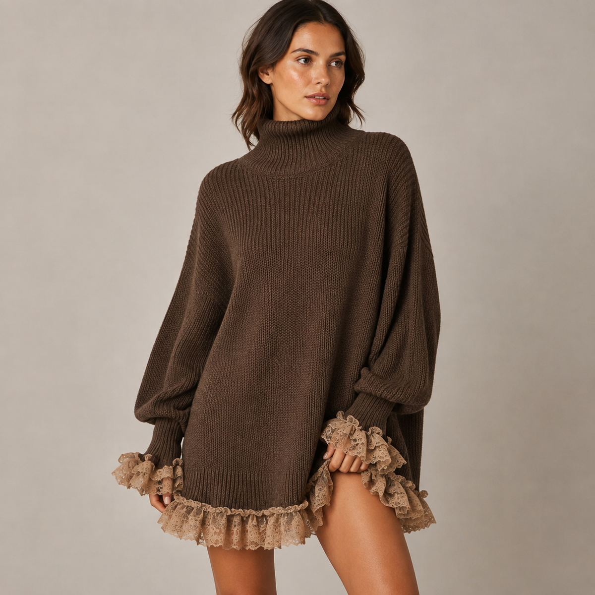 Cecilia | Women's Turtleneck Knit Mini Dress with Elegant Lace Hem
