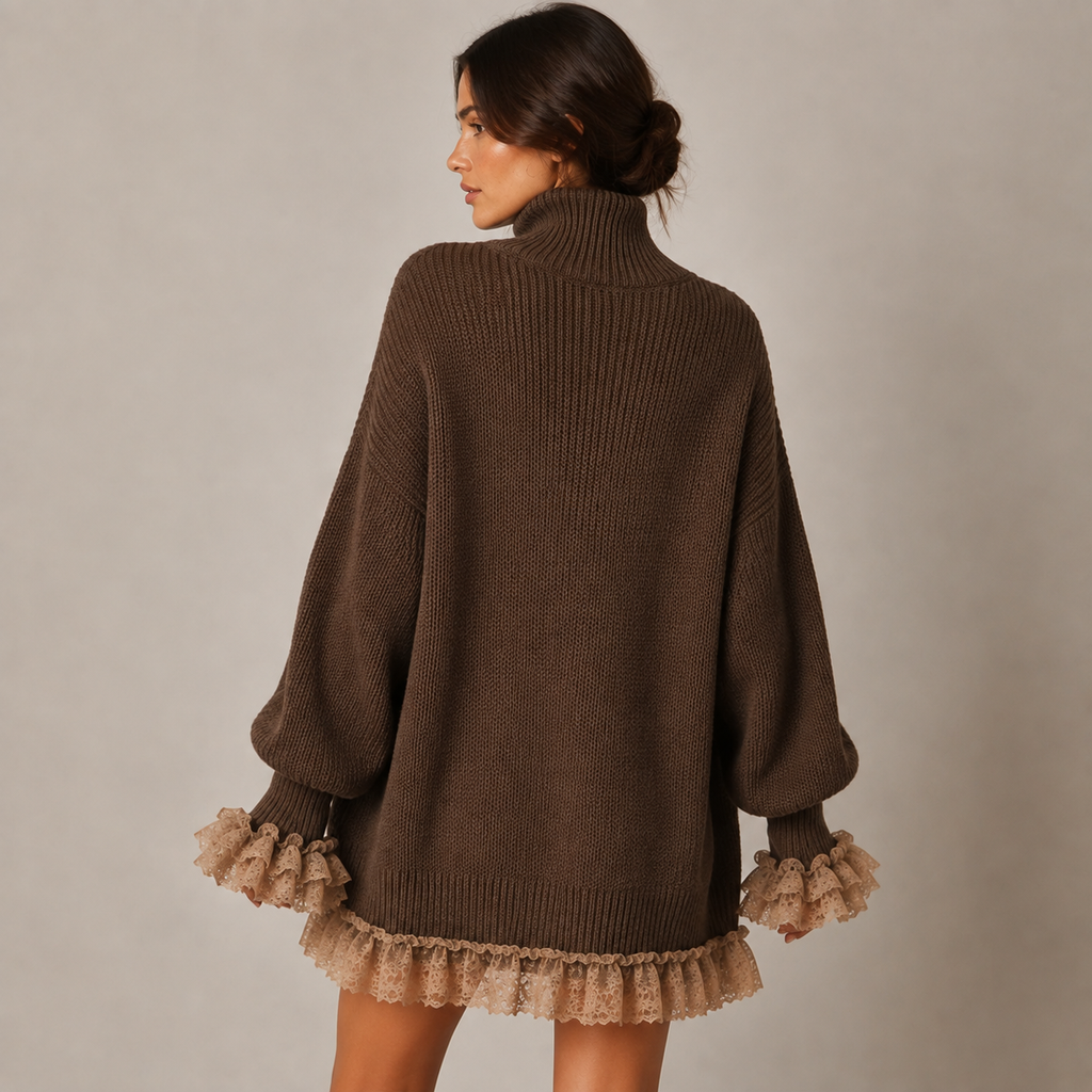 Cecilia | Women's Turtleneck Knit Mini Dress with Elegant Lace Hem