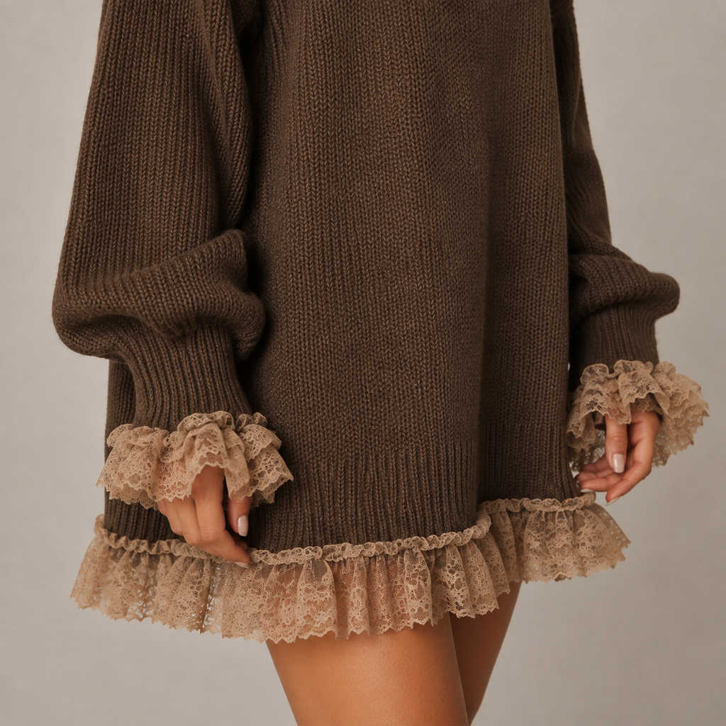 Cecilia | Women's Turtleneck Knit Mini Dress with Elegant Lace Hem