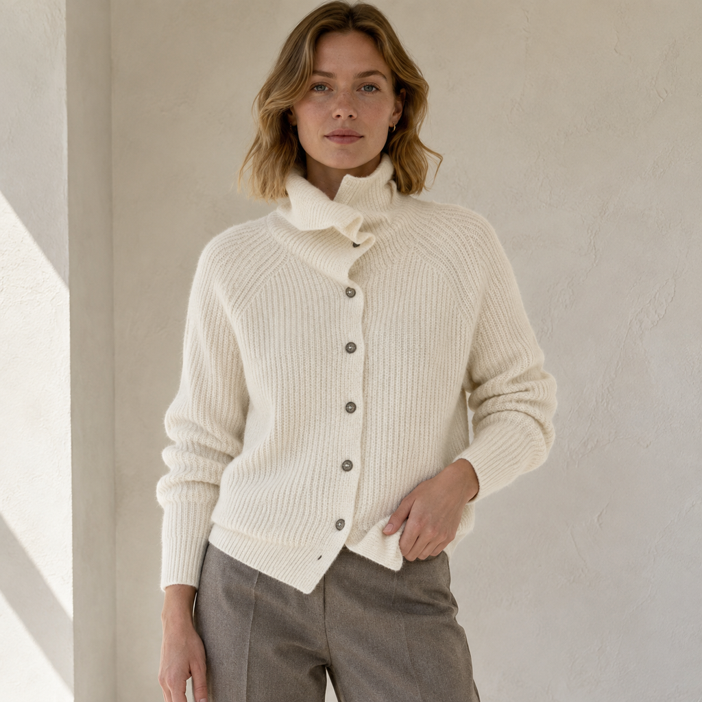 Solange | Chic White Turtleneck Sweater for Women with Elegant Front Buttons