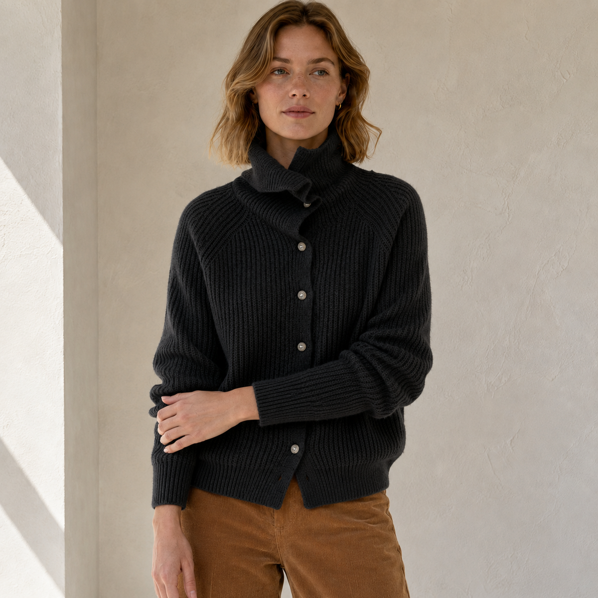 Solange | Chic White Turtleneck Sweater for Women with Elegant Front Buttons