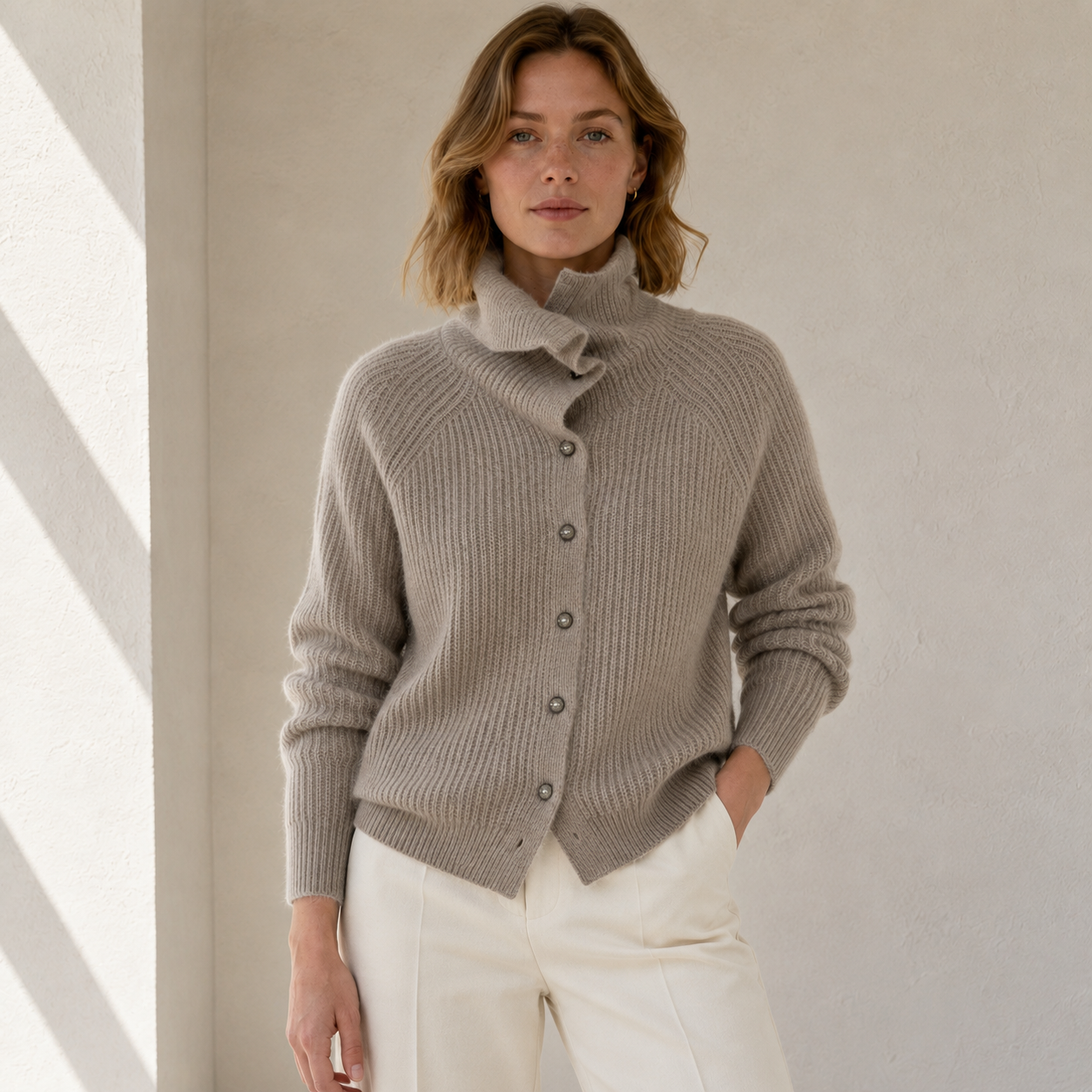 Solange | Chic White Turtleneck Sweater for Women with Elegant Front Buttons