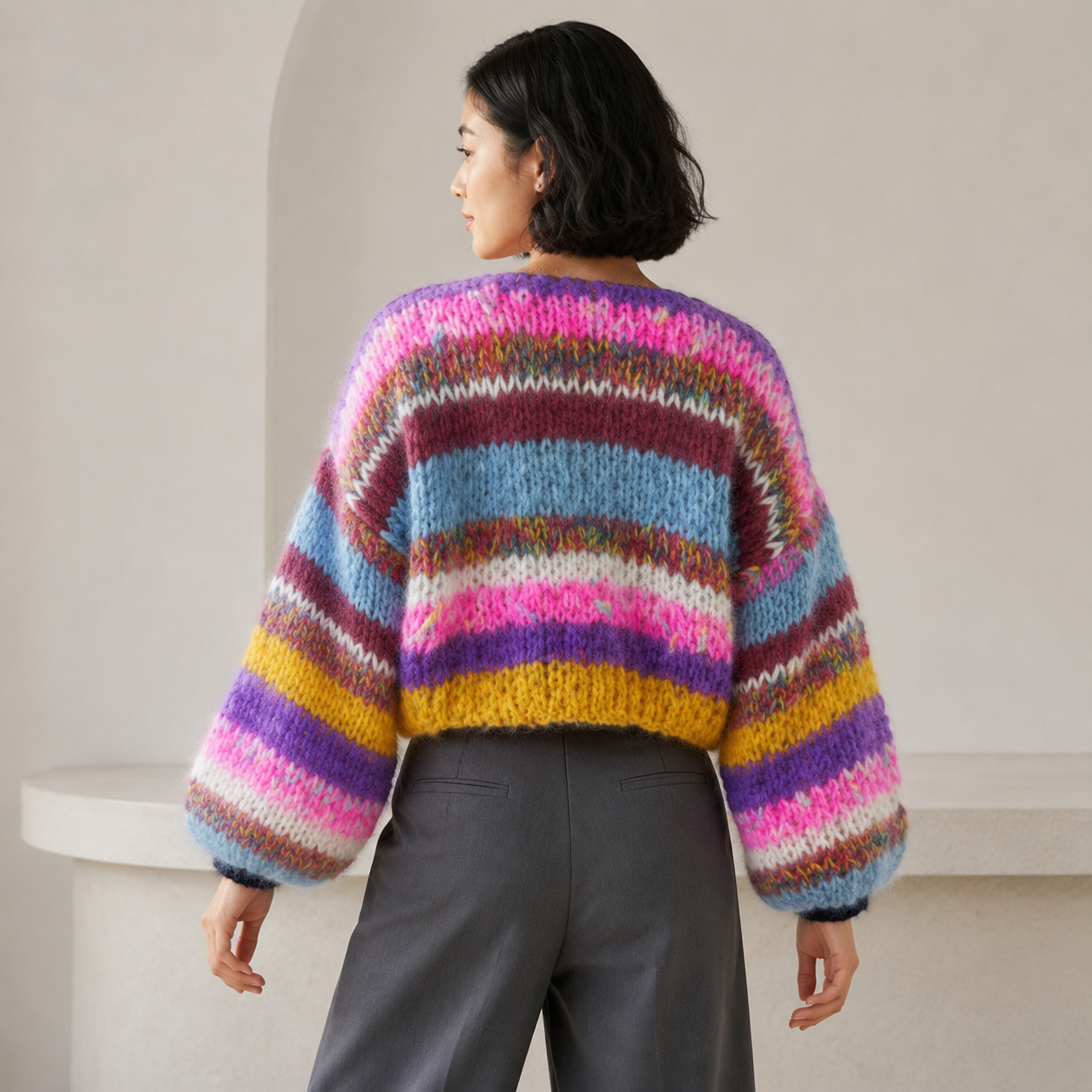 Sabine | Chic Cropped Cardigan for Women with Colourblock Knit Design