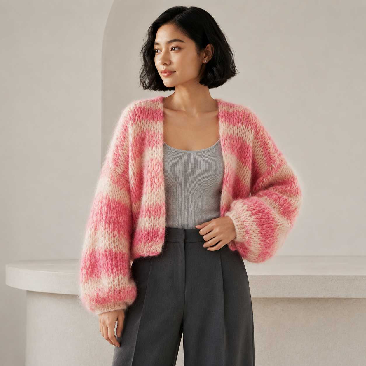 Sabine | Chic Cropped Cardigan for Women with Colourblock Knit Design