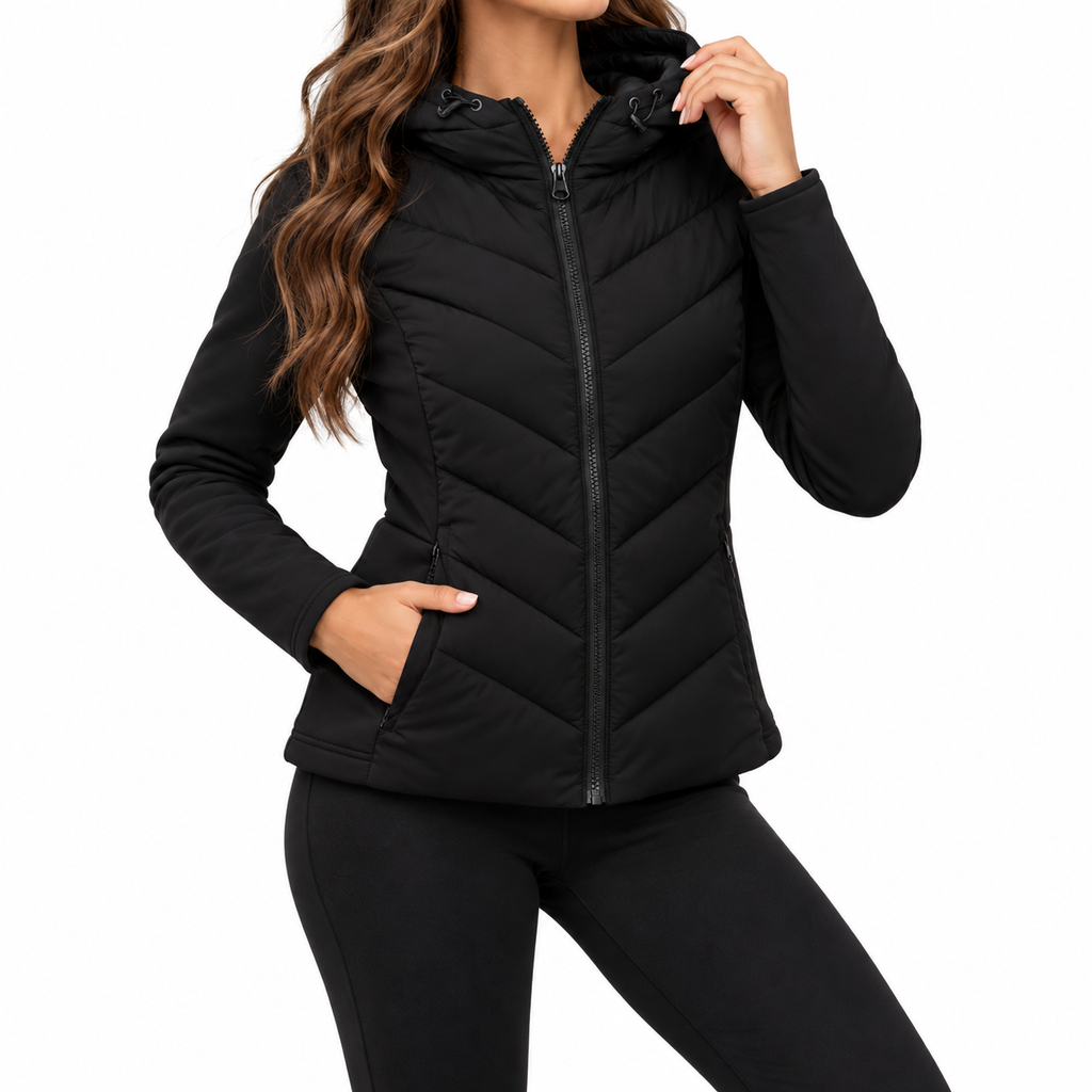 Camille | Women's Chevron Quilted Hooded Jacket – Lightweight Fitted Zip-Up Puffer Coat