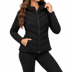 Camille | Women's Chevron Quilted Hooded Jacket – Lightweight Fitted Zip-Up Puffer Coat