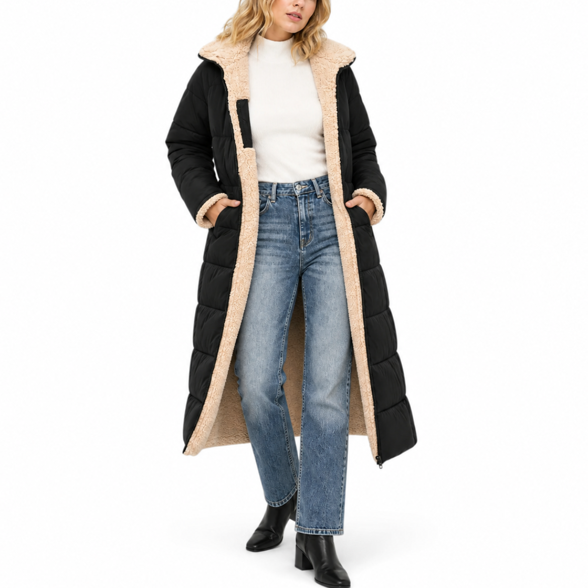Sabine | Women's Longline Hooded Puffer Coat – Quilted Zip-Up Winter Jacket with Full-Length Coverage