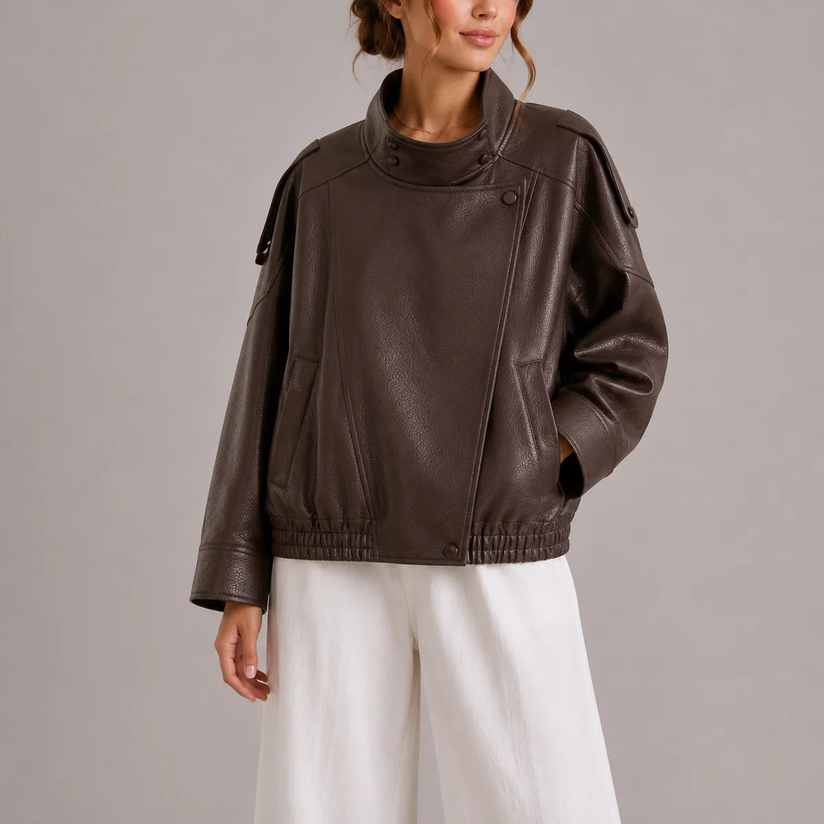 Seraphine – Women's High-Neck Faux Leather Bomber Jacket