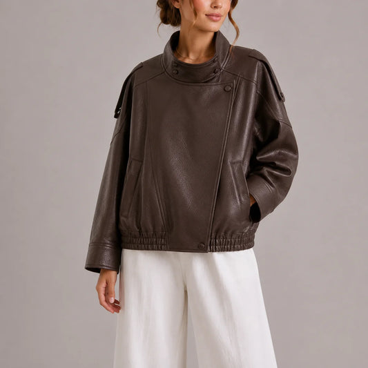 Seraphine – Women's High-Neck Faux Leather Bomber Jacket