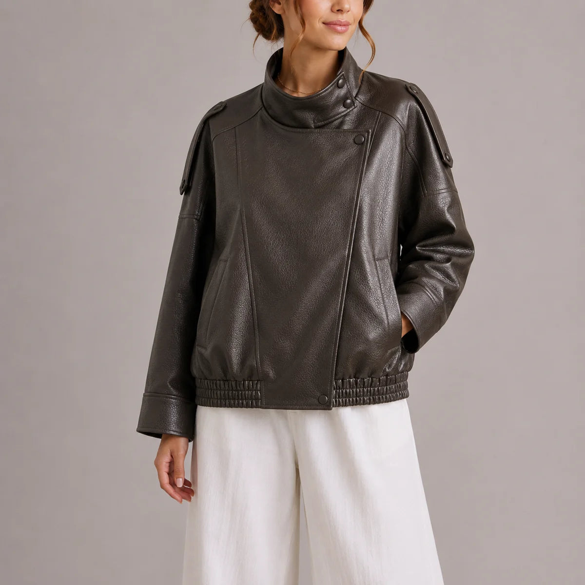 Seraphine – Women's High-Neck Faux Leather Bomber Jacket