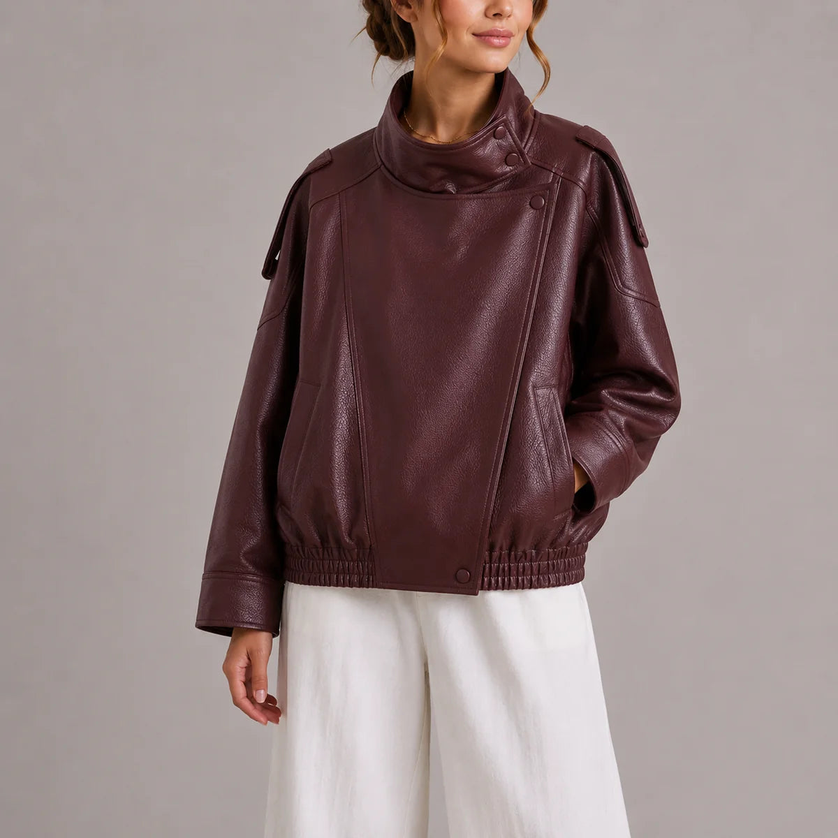 Seraphine – Women's High-Neck Faux Leather Bomber Jacket